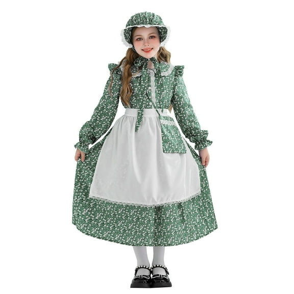 Tiijoy Big Girls Outfits Floral European Manor Long Sleeve Dress Apron Hat Bag 4Pcs Set