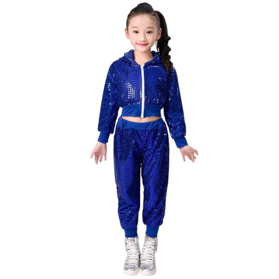 Tiijoy Big Girls Outfits Sequin Glitter Zip Up Hooded Jacket Pants 2Pcs Set, Sizes 8-9
