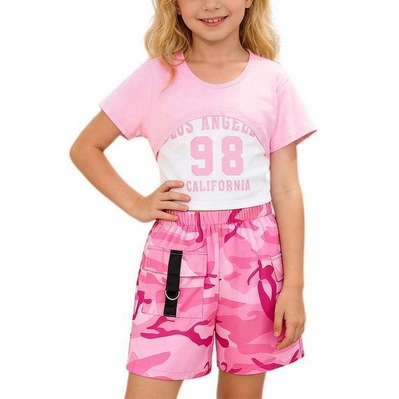 Tiijoy Big Girls Outfits Short Sleeve Crop Top Camisole Camo Cargo Shorts 3Pcs Set, Sizes 9-10