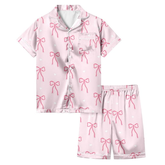 Tiijoy Big Girls Pajamas Set Bow Print Short Sleeved Button Top Shorts Loungewear, Sizes 12-13