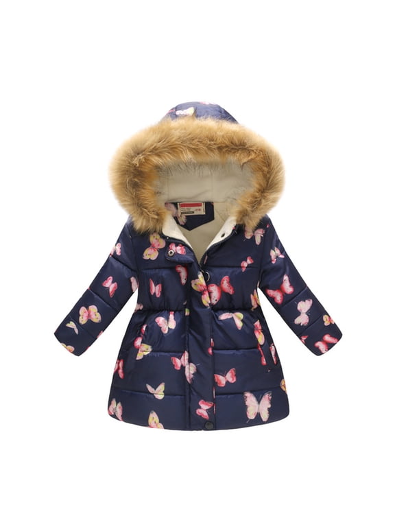 Big Girls Parka Coat Cartoon Print Winter Thick Warm Hooded Jacket, Sizes 10-11