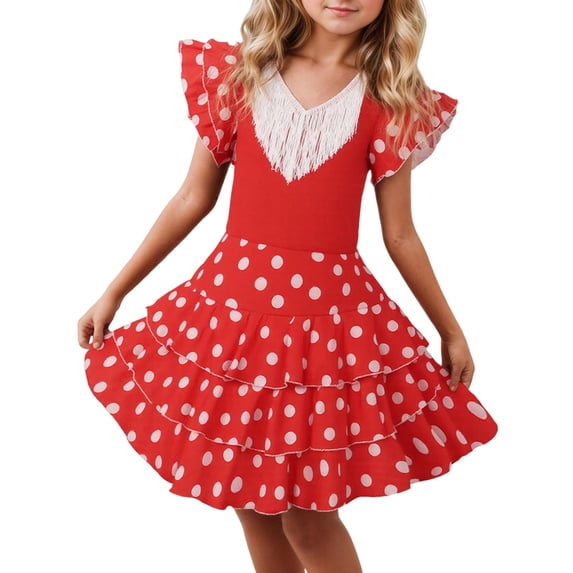 Tiijoy Big Girls Polka Dots Fringe Layered Dress Flutter Sleeve Dance Dress, Sizes 10-11