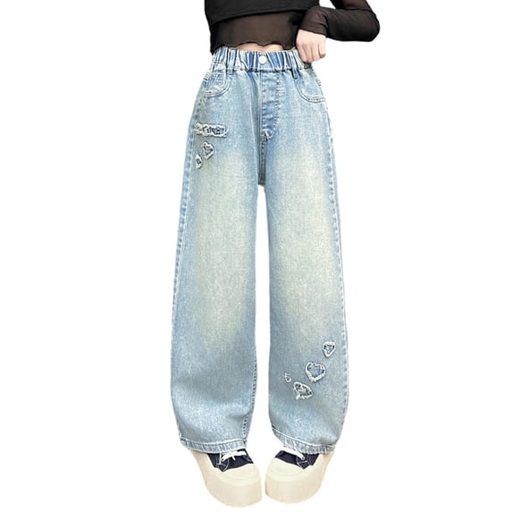 Tiijoy Big Girls Pull On Wide Leg Jeans Kids Baggy Casual Demin Pants with Pockets