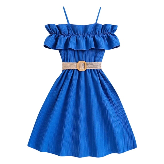Tiijoy Big Girls Ruffle Spaghetti Strap Dress Casual Summer Belted Dress, Sizes 7-8