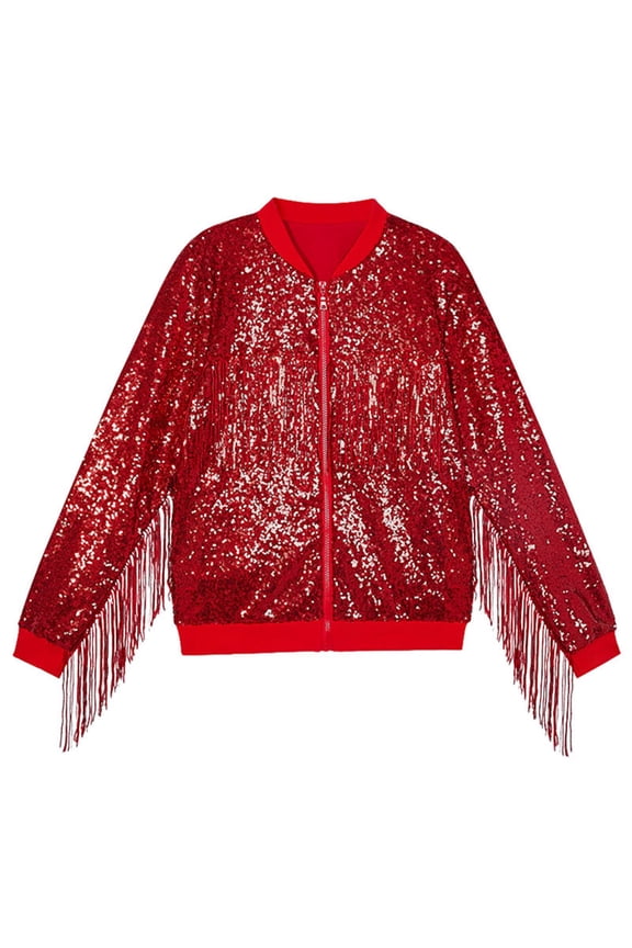 Big Girls Sequin Fringe Jacket Shiny Zip Up Bomber Jacket Coat, Sizes 12-14