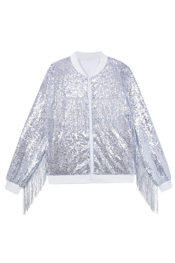 Big Girls Sequin Fringe Jacket Shiny Zip Up Bomber Jacket Coat, Sizes 6-8