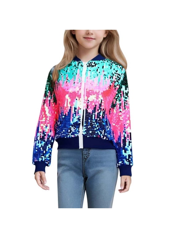 Big Girls Sequin Sparkly Jacket Zip Up Outerwear Bomber Jacket, Sizes 8-9
