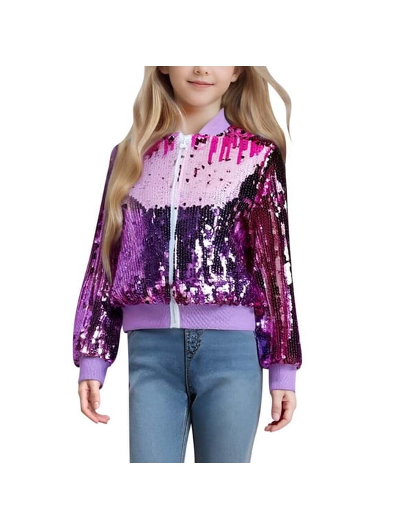 Big Girls Sequin Sparkly Jacket Zip Up Outerwear Bomber Jacket, Sizes 9-10