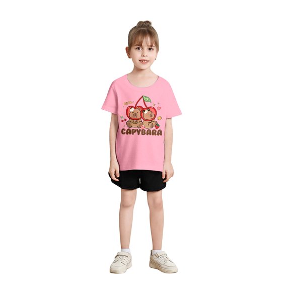 Tiijoy Big Girls T-Shirt Cartoon Capybara Print Short Sleeve T Shirt Tee, Sizes 7-8
