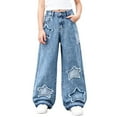 thumbnail image 1 of Tiijoy Big Girls Wide Leg Denim Jeans Star Embroidery Elastic Waist Pants, Sizes 8-9, 1 of 8