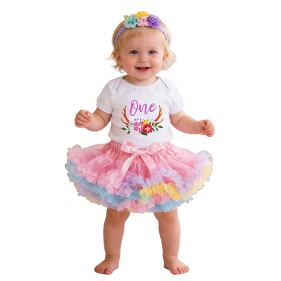 Tiijoy Birthday Party Outfits for Baby Girls Short Sleeve Romper Tutu Skirt Headband 3Pcs Set, Sizes 0-24 Months