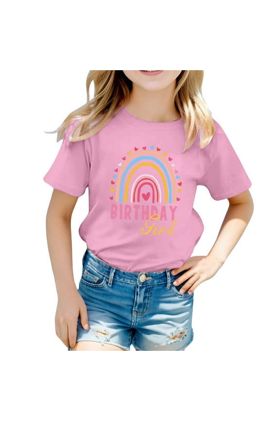 Birthday T-Shirt for Girls Rainbow Print Short Sleeve T Shirt Tee Top, Sizes 2-3