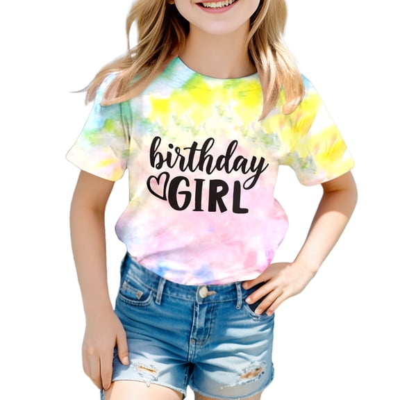Tiijoy Birthday T-Shirt for Girls Tie Dyed Letter Print Short Sleeve T Shirt, Sizes 12-13