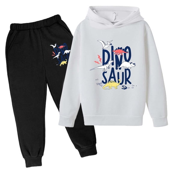 Tiijoy Boy Sweatsuit Letter Dinosaur Print Hoodie Sweatpants Two Piece Outfits, Sizes 3-14