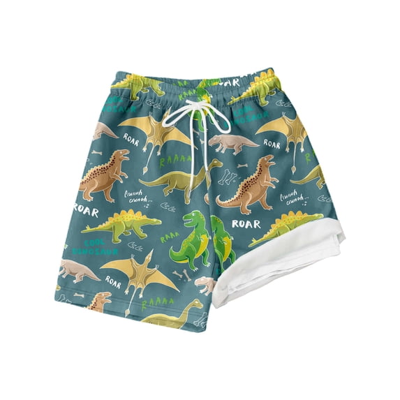 Tiijoy Boy's Dinosaur Compression Liner Swim Trunks Beach Stretch Swim Shorts, Sizes 10-11