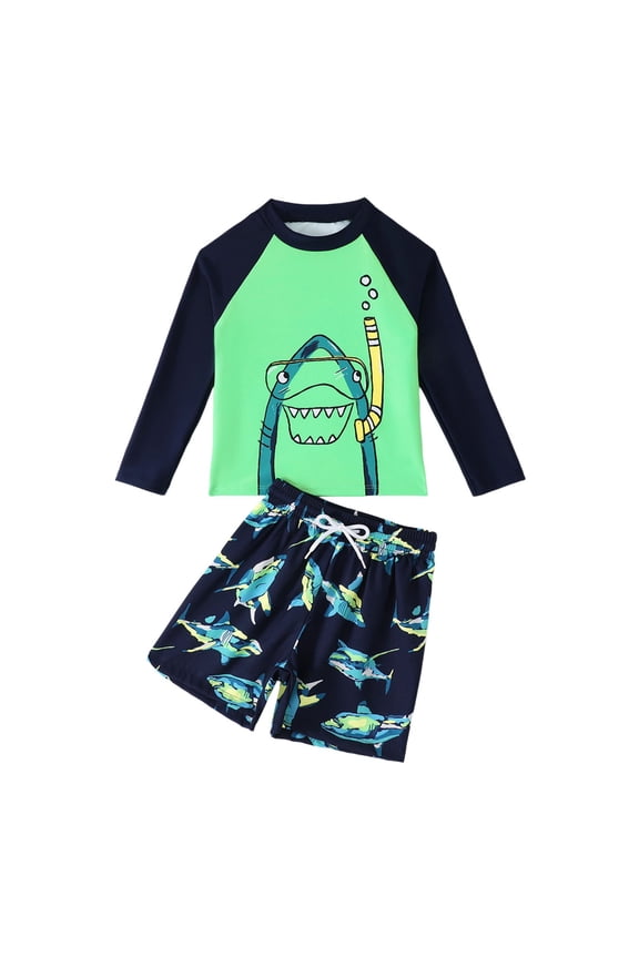 Boys 2-Piece Swimsuit Shark Print Long Sleeve Rash Guard Bathing Suit, Sizes 3-7