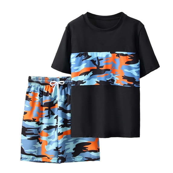 Tiijoy Boys 2 Piece Swimsuits Camo Short Sleeve Rash Guard Shorts Bathing Suit, Sizes 7-12