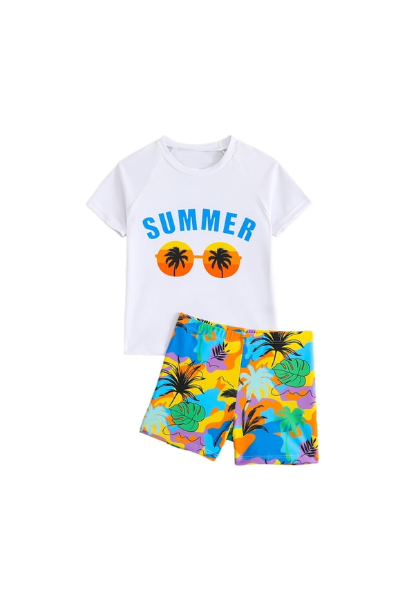 Boys Beach Swimsuit Short Sleeve Rash Guard Shorts Kids Bathing Suit, Sizes 3-7