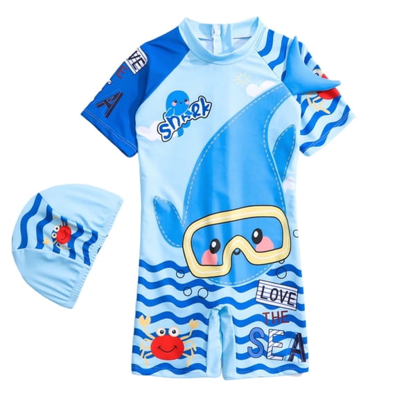 Tiijoy Boys Cartoon Cute Rash Guard Swimsuit Bathing Suit with Swim Cap, Sizes 12M-5T