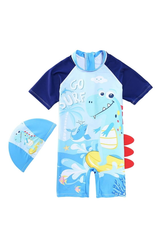 Boys Cartoon Cute Rash Guard Swimsuit Bathing Suit with Swim Cap, Sizes 12M-5T