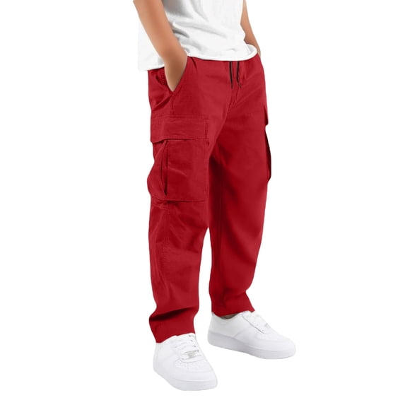 Tiijoy Boys Casual Cargo Pants Kids Relaxed Straight Leg Outdoor Pants, Red, Size 5-16