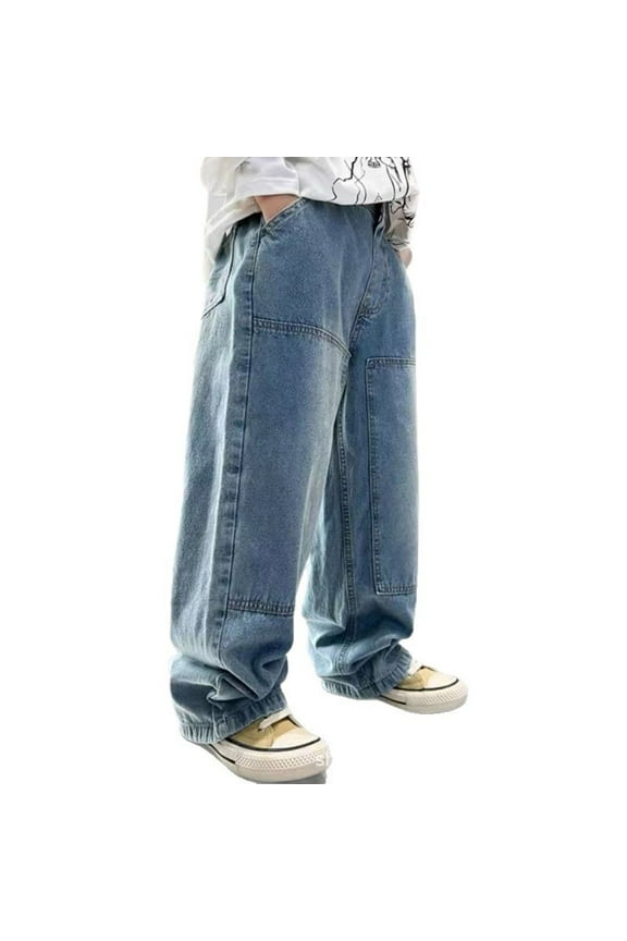 Boys Casual Pull On Jeans Loose Fit Straight Leg Denim Pants Trousers, Sizes 12-13