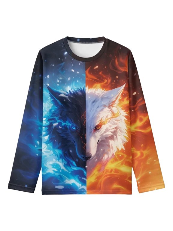 Boys Casual Sweatshirt Wolf Graphic Crewneck Long Sleeve Pullover, Blue, Sizes 3-14