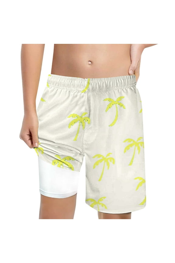 Boys' Coconut Tree Print Swim Trunks with Compression Liner Swimwear, Sizes 10-12