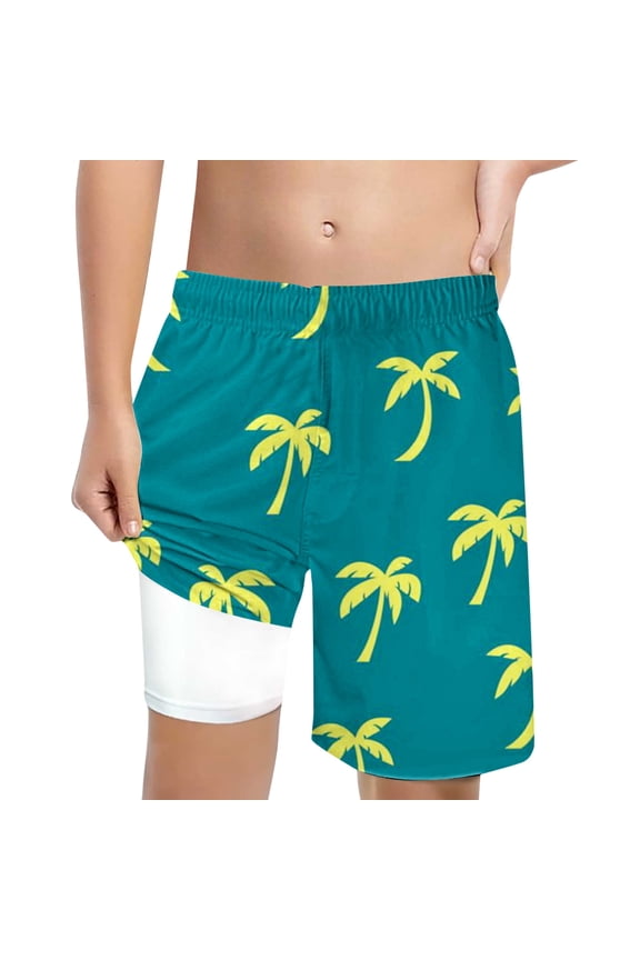 Boys' Coconut Tree Print Swim Trunks with Compression Liner Swimwear, Sizes 5-6