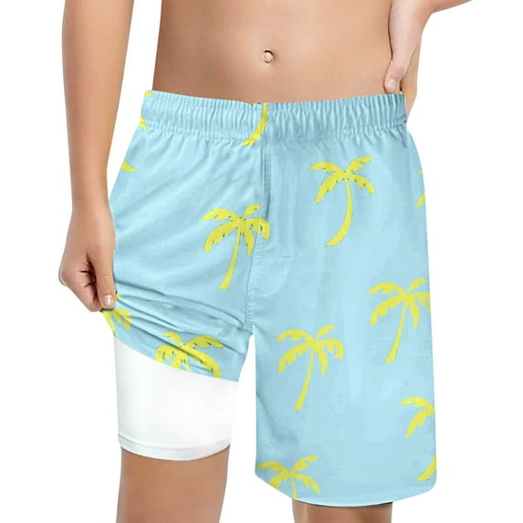 Tiijoy Boys' Coconut Tree Print Swim Trunks with Compression Liner Swimwear, Sizes 7-8