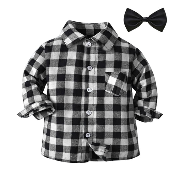 Tiijoy Boys Cotton Plaid Shirt Button Down Long Sleeve Shirt with Tie, Black, Sizes 6M-6Y