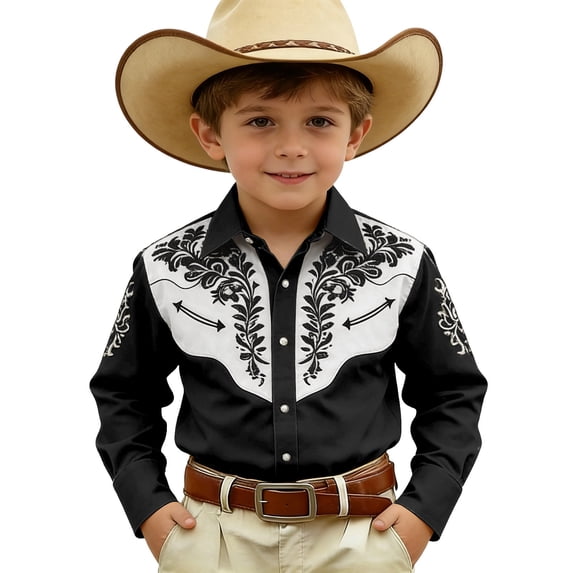 Tiijoy Boys Cowboy Button Down Shirt Vintage Comfy Long Sleeve Cowboy Shirt, Sizes 4-13