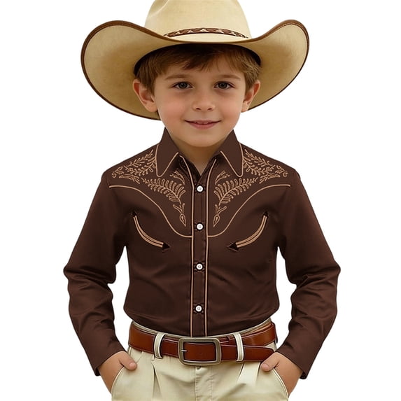 Tiijoy Boys Cowboy Shirt Western Cowboy Print Button-Down Long Sleeve Shirt, Sizes 4-13