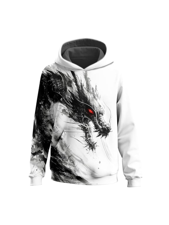 Boys Dragon Graphic Hoodie Casual Soft Hooded Pullover Sweatshirt, White