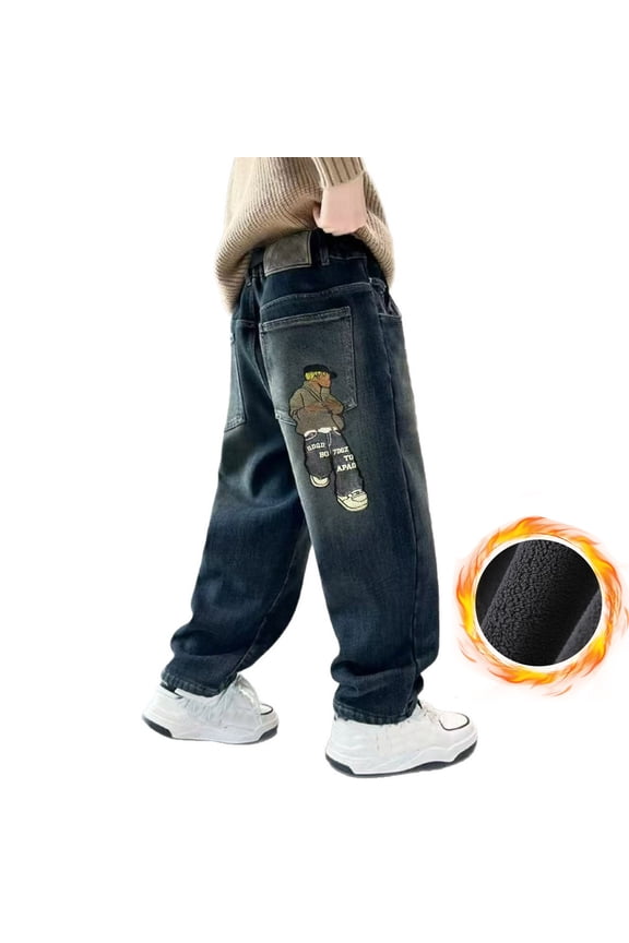 Boys Lined Denim Jeans Elastic Waist Relaxed Fit Straight Pants, Sizes 5-15