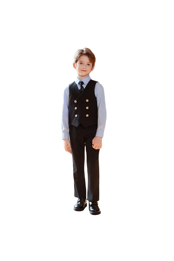 Boys Formal Suit Long Sleeve Button Down Shirt Vest Pants Tie Outfits, Sizes 3-18
