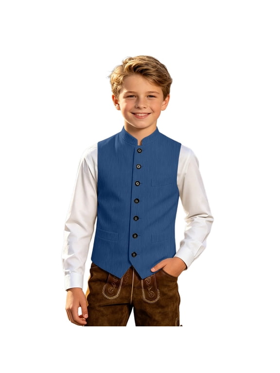 Boys Formal Vest Mandarin Collar Button Down Waistcoat for Kids, Blue, Sizes 2-14