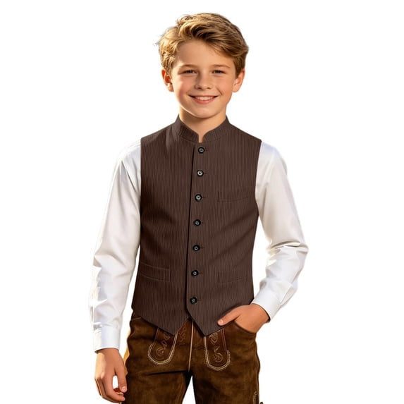 Tiijoy Boys Formal Vest Mandarin Collar Button Down Waistcoat for Kids, Brown, Sizes 2-14