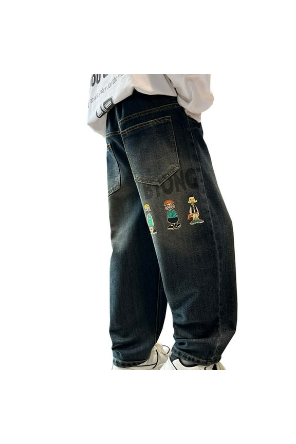 Little Boys Stylish Graphic Straight Jeans Loose Fit Pull On Denim Pants, Sizes 6-7