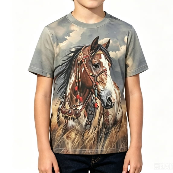 Tiijoy Boys Graphic Tee Horse Print Short Sleeve T-Shirt Summer Casual T Shirt, Sizes 1-13