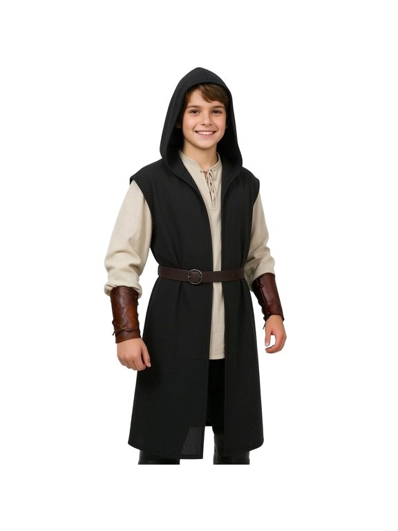 Boys Halloween Hooded Surcoat Tabard Loose Hooded Sleeveless Top, Black, Sizes 5-14