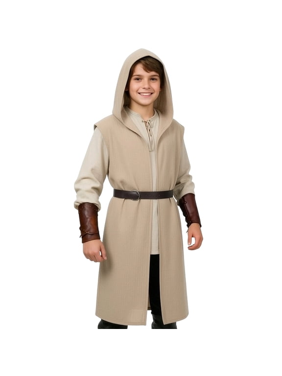 Boys Halloween Hooded Surcoat Tabard Loose Hooded Sleeveless Top, Khaki, Sizes 5-14