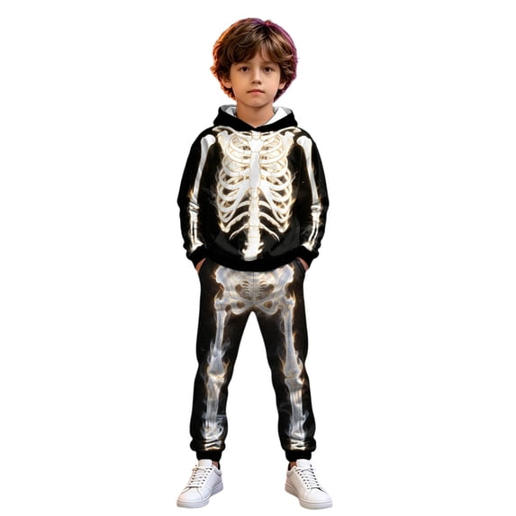 Tiijoy Boys Halloween Outfits Skeleton Print Long Sleeve Hoodie Joggers Set, Sizes 11-12