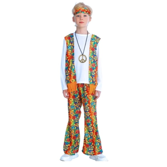 Tiijoy Boys Hippie Retro Outfits Hop Long Sleeve T-Shirt Pants Vest Headband 4Pcs Set, Sizes 5-12