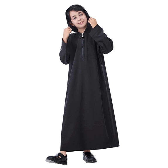 Tiijoy Boys Hooded Long Sleeve Thobe Casual Solid Loose Robe with Pockets, Sizes 4-14