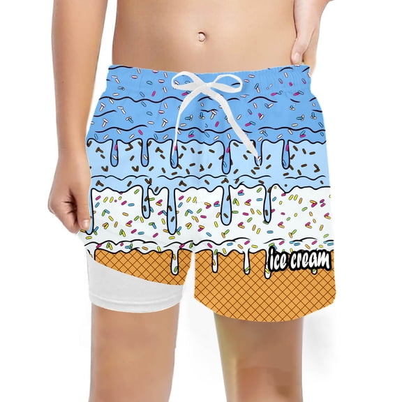 Tiijoy Boys Ice-Cream Print Swim Trunks with Compression Liner Board Shorts, Sizes 10-12