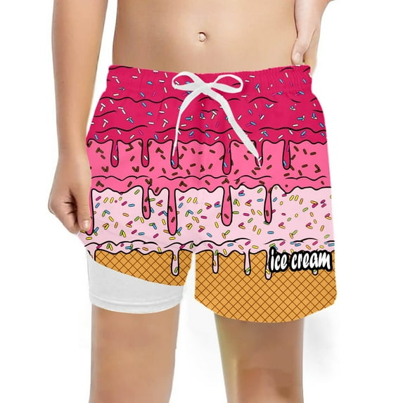 Tiijoy Boys Ice-Cream Print Swim Trunks with Compression Liner Board Shorts, Sizes 13-14