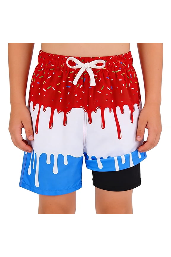 Boys Ice-Cream Print Swim Trunks with Compression Liner Drawstring Swim Shorts, Sizes 2-14