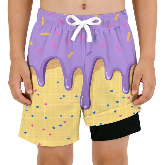 Tiijoy Boys Ice-Cream Print Swim Trunks with Compression Liner Swimming Shorts, Sizes 3-16