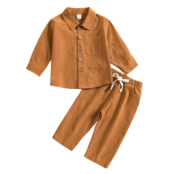 Tiijoy Boys Linen Casual Outfits Solid Long Sleeve Button Down Shirt Pants Set, Sizes 6M-4T